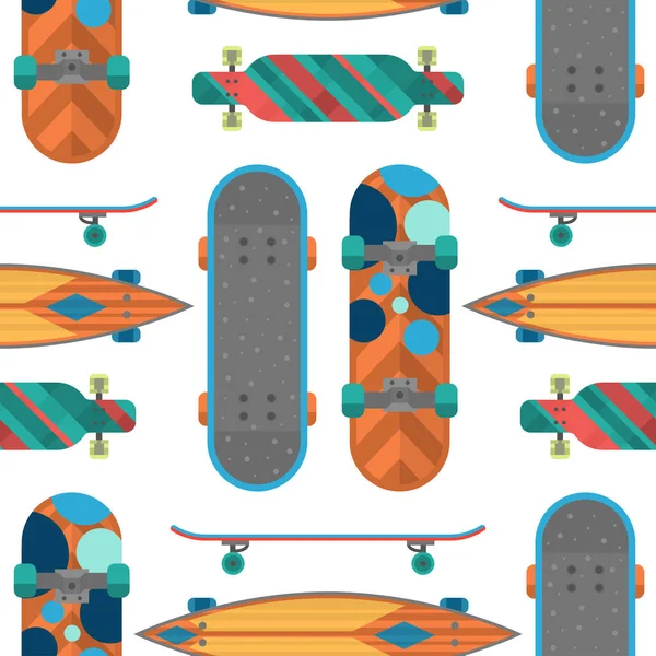 Artículos de skate diapasón patrón sin costuras fondo vector deporte equipo patinaje transporte velocidad decorativa estilo libre ocio . — Vector de stock