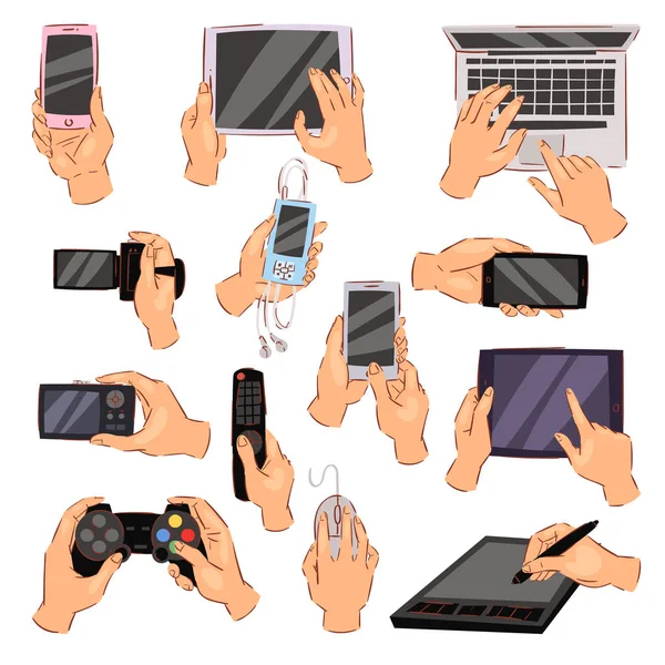 Handen met gadgets vector hand met telefoon of camera illustratie set karakter werken op digitale apparaten laptop of tablet en spelen in gamepad geïsoleerd op witte achtergrond — Stockvector