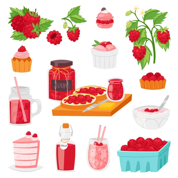 Lampone vettore bacca matura bacca rossa per succo fresco o marmellata succosa e dolce torta dolce o cupcake con illustrazione gelato Berrylike set isolato su sfondo bianco — Vettoriale Stock