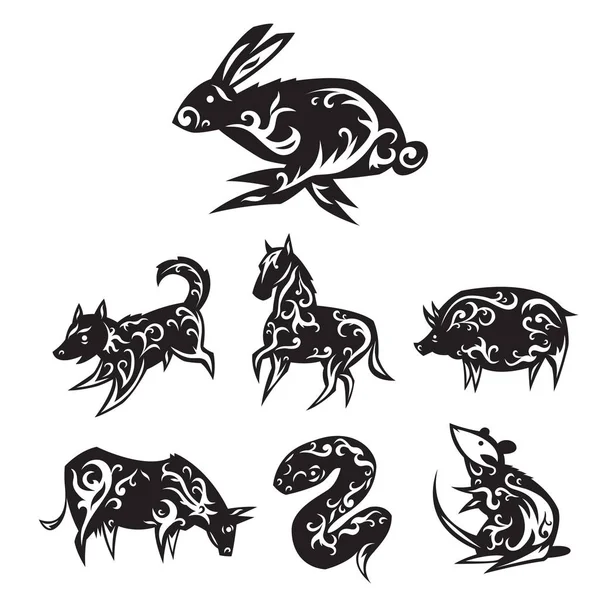 Chiński Zodiak kalendarza wschodniego tradycyjne Chiny nowy rok orientalne symbole zwierząt ilustracje wektorowe. — Wektor stockowy