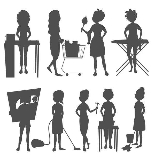 Housewifes huisvrouw vrouw silhouet cute cartoon meisje huishouding vrouwelijke vrouw teken vectorillustratie schoonmaken. — Stockvector