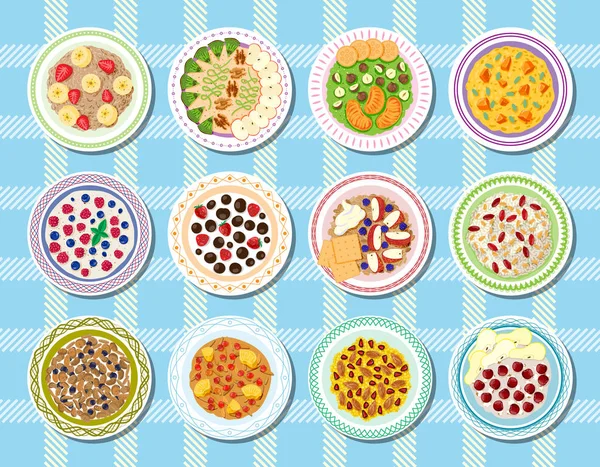Porridge vector comida saludable para el desayuno y avena con bayas en tazón para la dieta vegetariana ilustración conjunto de cereales con frutas en la mañana aislado en el fondo — Archivo Imágenes Vectoriales