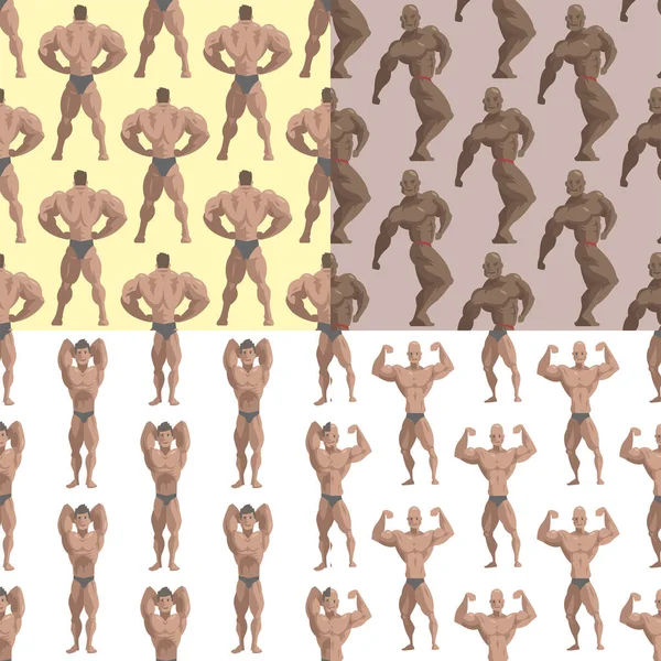 Kulturyści znaków mięśni Brodaty mężczyzna wzór tła fitness model stwarzające Kulturystyka siłownia kreskówka mężczyzna styl wektor ilustracja. — Wektor stockowy