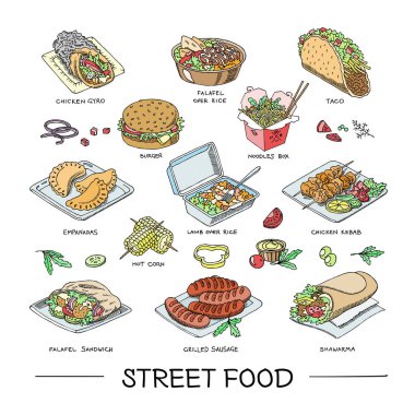 Sokak gıda vektör fastfood burger veya ızgara sosis ve geleneksel yemekleri taco veya falafel illüstrasyon izole beyaz arka plan üzerinde hızlı snack shawarma ve tavuk kebap kümesi
