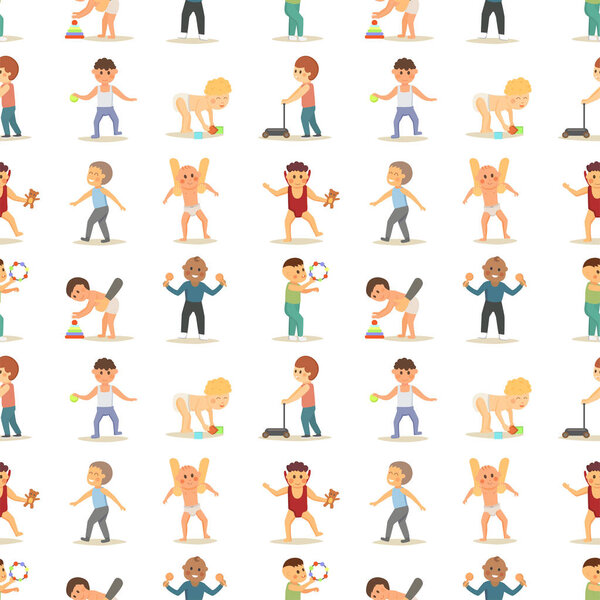 Happy laughing baby wearing cute clothing seamless pattern background preschool little kids children first walking cheerful infants flat vector illustration.