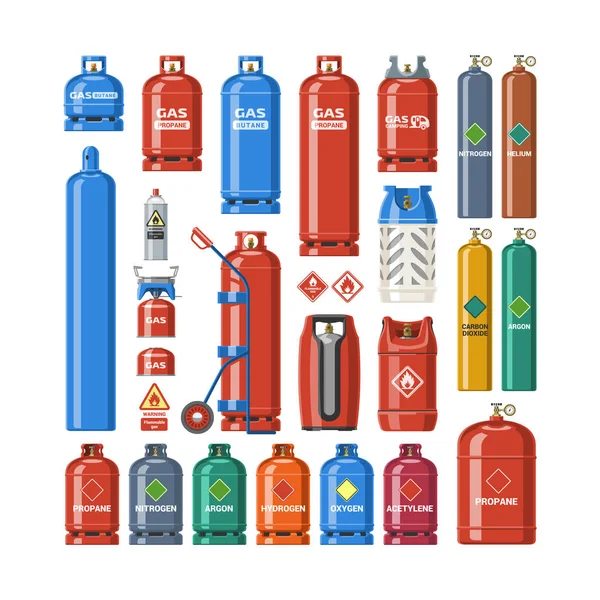Serie illustrazione bombola gas vettore lpg bombola gas e bombola gas contenitore cilindrico con gas compressi liquefatti ad alta pressione e valvole isolate su fondo bianco — Vettoriale Stock