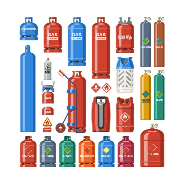 Gaz silindir vektör silindirik konteyner ile yüksek basınç ve beyaz arka plan üzerinde izole vanalar ile likit sıkıştırılmış gaz lpg gaz şişesi ve gaz balonlari illüstrasyon set