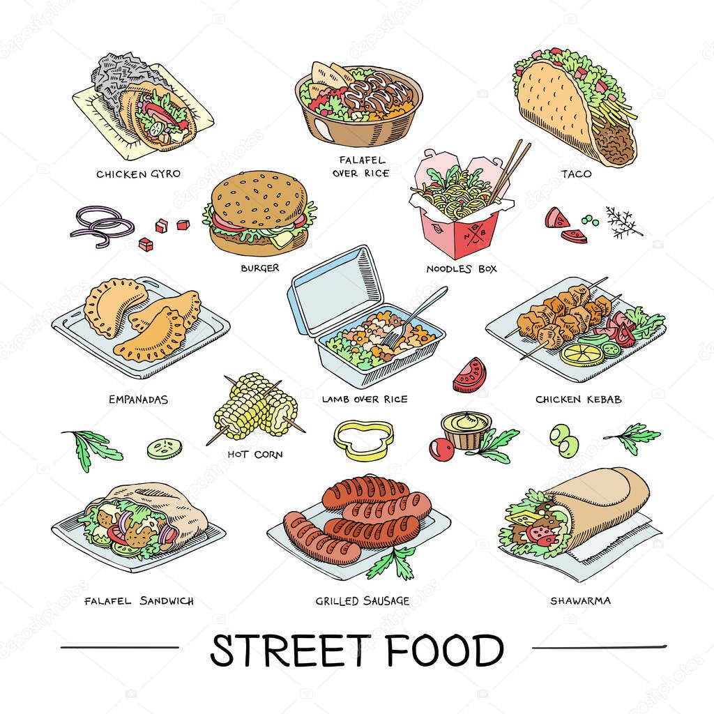 Street food vector fastfood burger or grilled sausages and traditional cuisine taco or falafel illustration set of fast snack shawarma and chicken kebab isolated on white background