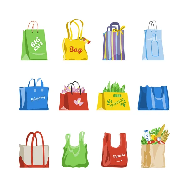 Bolsa de compras vector shop bolsa de papel y paquete holgado para la compra de regalo o venta de la tienda de moda ilustración conjunto de compradores empaquetado paquete aislado sobre fondo blanco — Vector de stock