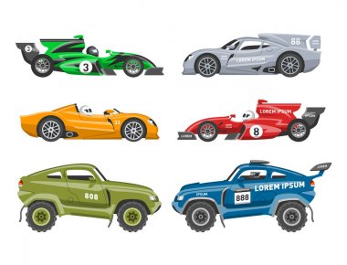 Spor yarış araba vektör hız otomobil ve offroad ralli araba renkli hızlı motor otomatik sürücü taşıma motorsport illüstrasyon yarış. Şampiyonluk aşırı ulaşım