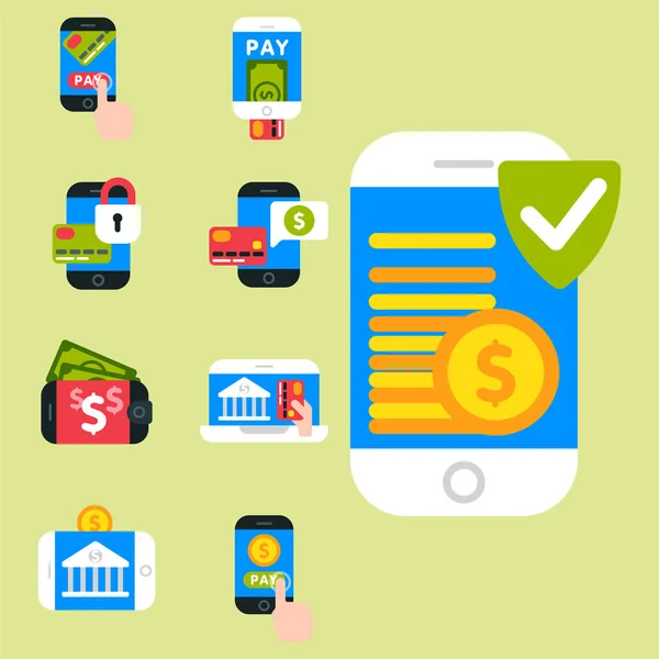 Pagos móviles iconos vector smartphone transacción ecommerce billetera conexión inalámbrica tarjeta bancaria pago . — Vector de stock