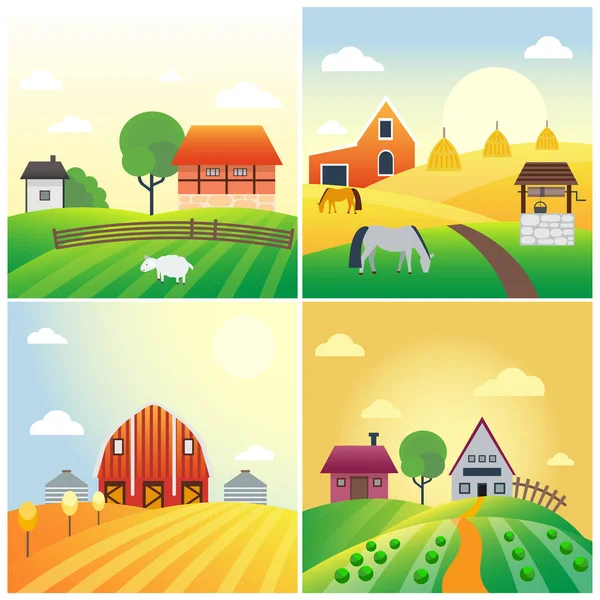 Fazenda agricultura banner paisagem rural produtos celeiro velho e campo cartoon vetor ilustração . — Vetor de Stock
