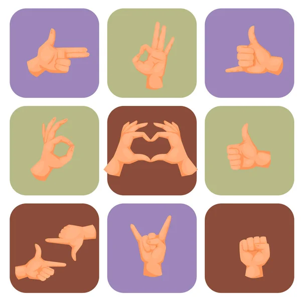 Mãos surdo-mudo gestos humanos apontando braço pessoas gestos mensagem vetor ilustração . — Vetor de Stock