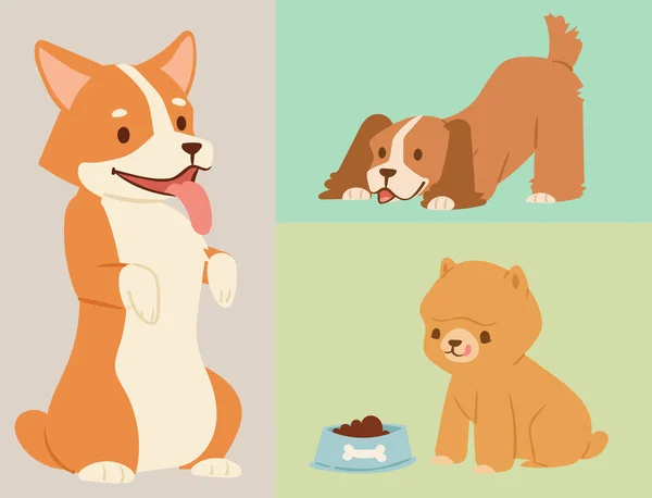 Щенок милый играть собак персонажей смешные чистокровные комиксы счастливые млекопитающие собачьи породы векторные иллюстрации . — стоковый вектор