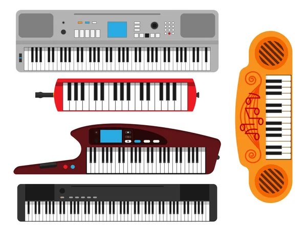 Klavye müzik aletleri klasik piyano melodi studio akustik parlak müzisyen ekipman elektronik ses illüstrasyon vektör. — Stok Vektör