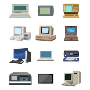 Bilgisayar teknoloji vektör evrim görüntülemek telekomünikasyon ekipman metal pc monitör çerçeve modern ofis ağı.