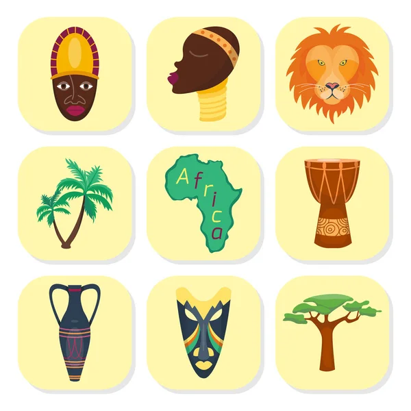 Afrika pictogrammen jungle safari tribal en oude Afrikaanse traditionele reizen cultuur vectorillustratie. — Stockvector