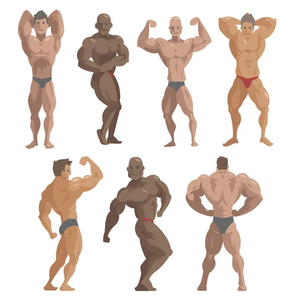 Musculturista desportista vetor personagens muscular barbudo homem fitness masculino forte atleta modelo posando musculação esporte ginásio desenho animado estilo ilustração — Vetor de Stock