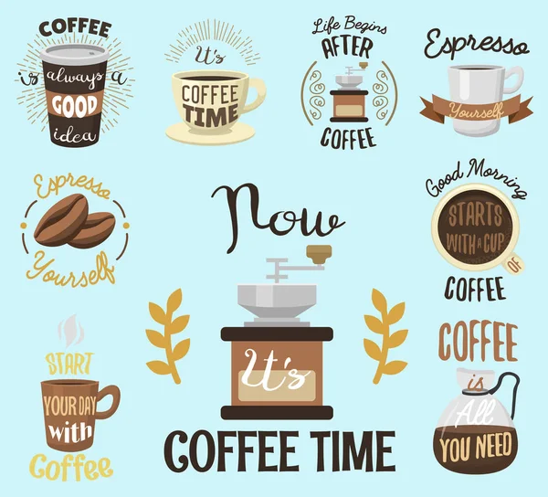 Vintage wektor coffeeshop logo tekst etykiety i kawa napój miłości cytat wstążki logo coffeebeans odznaki kaligrafia przełamać napis Typografia — Wektor stockowy