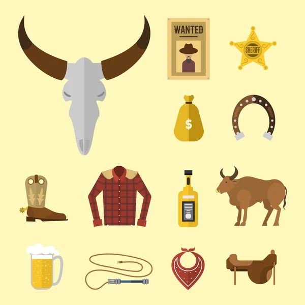 Vilda western vektor cowboy ikoner rodeo utrustning och många olika västra vilda västern tillbehör illustration — Stock vektor
