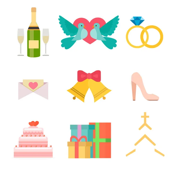 Wedding invitation celebration set flat anniversary romance decoration couple icons vector illustration — Stock Vector