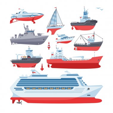 Gemi Tekne vektör veya okyanus ya da deniz seyahat ve ulaşım illüstrasyon deniz deniz yelkenli Yatçılık veya kümesi beyaz arka plan üzerinde izole sürat kargo cruise