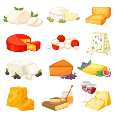 Peynir vektör kalitesiz gıda ve süt ürünleri ile swiss meze mozzarella ve kaşar beyaz arka plan üzerinde izole kahvaltı için cheeseparing resimde kümesi