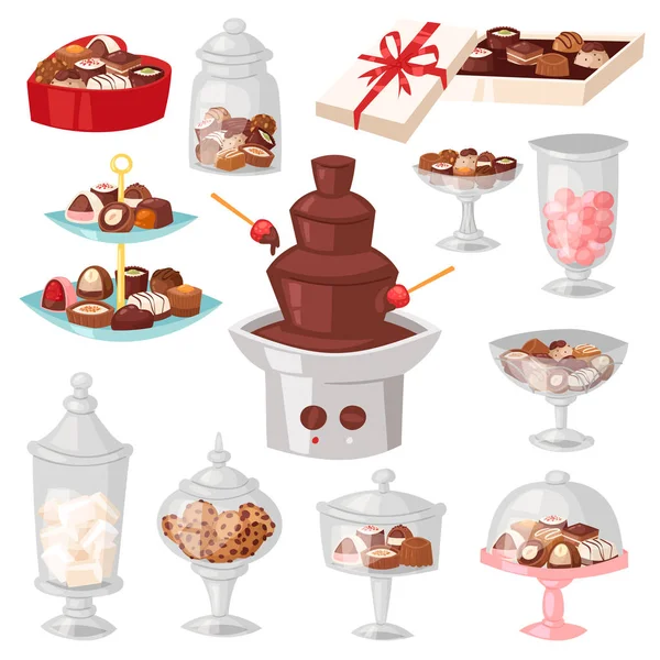 Čokoládové bonbóny vektorové sladké cukroví dezert s kakaem do sklenic v cukrářské dílny ukázkou chutné čokoládové lanýže v váza candyshop sady izolovaných na pozadí — Stockový vektor