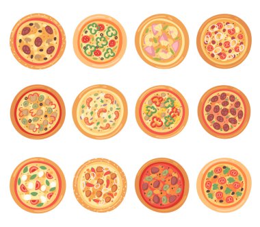 Peynir ve domates pizzacı pizza vektör İtalyan gıda ve pizzahouse İtalya çizimde sosis ile pişmiş pasta üzerinde izole beyaz arka plan ayarlamak