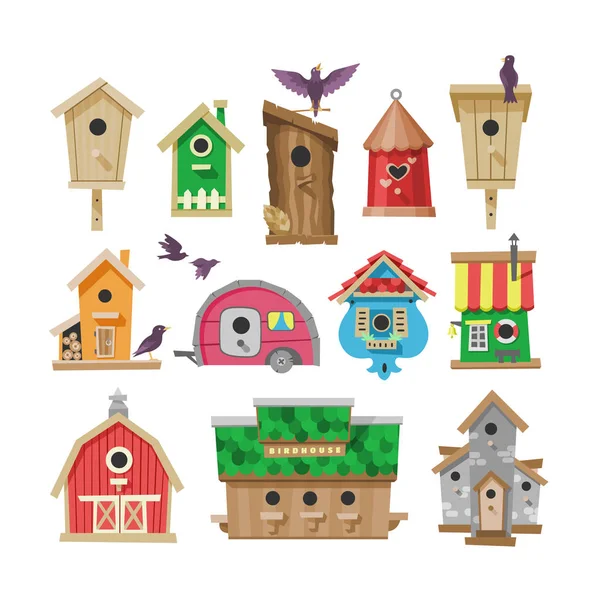 Holubník vektor kreslené birdbox a ptáčku dřevěný dům obrázek sada zpěv ptáků birdsongs v dekorativní domě izolovaných na bílém pozadí — Stockový vektor