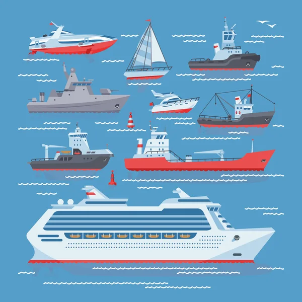 Schepen vector boten of cruise reizen in de oceaan of zee- en scheepvaart vervoer illustratie mariene set nautische zeilboot zeilen of speedboot geïsoleerd op de achtergrond — Stockvector