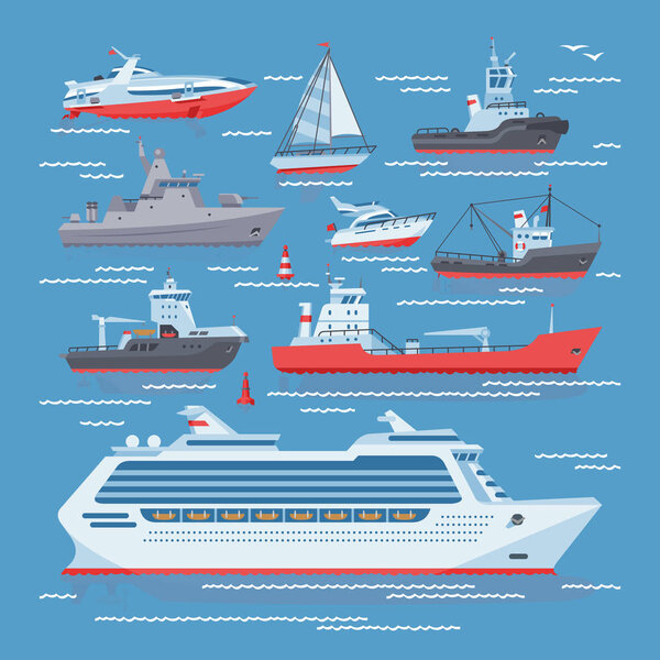 Ships vector boats or cruise travelling in ocean or sea and shipping transportation illustration marine set of nautical sailboat yachting or speedboat isolated on background