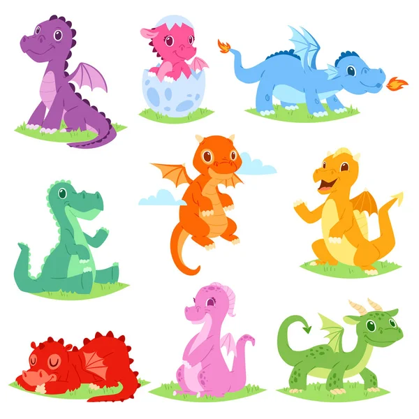 Cartoon dragon vector schattig dragonfly of baby dinosaurus illustratie set dino tekens van uit kinderen fairytale geïsoleerd op witte achtergrond — Stockvector