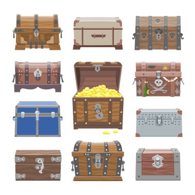 Chest vector treasure box with gold money wealth or wooden pirate chests with golden coins illustration set of closed wooden container isolated on white background clipart