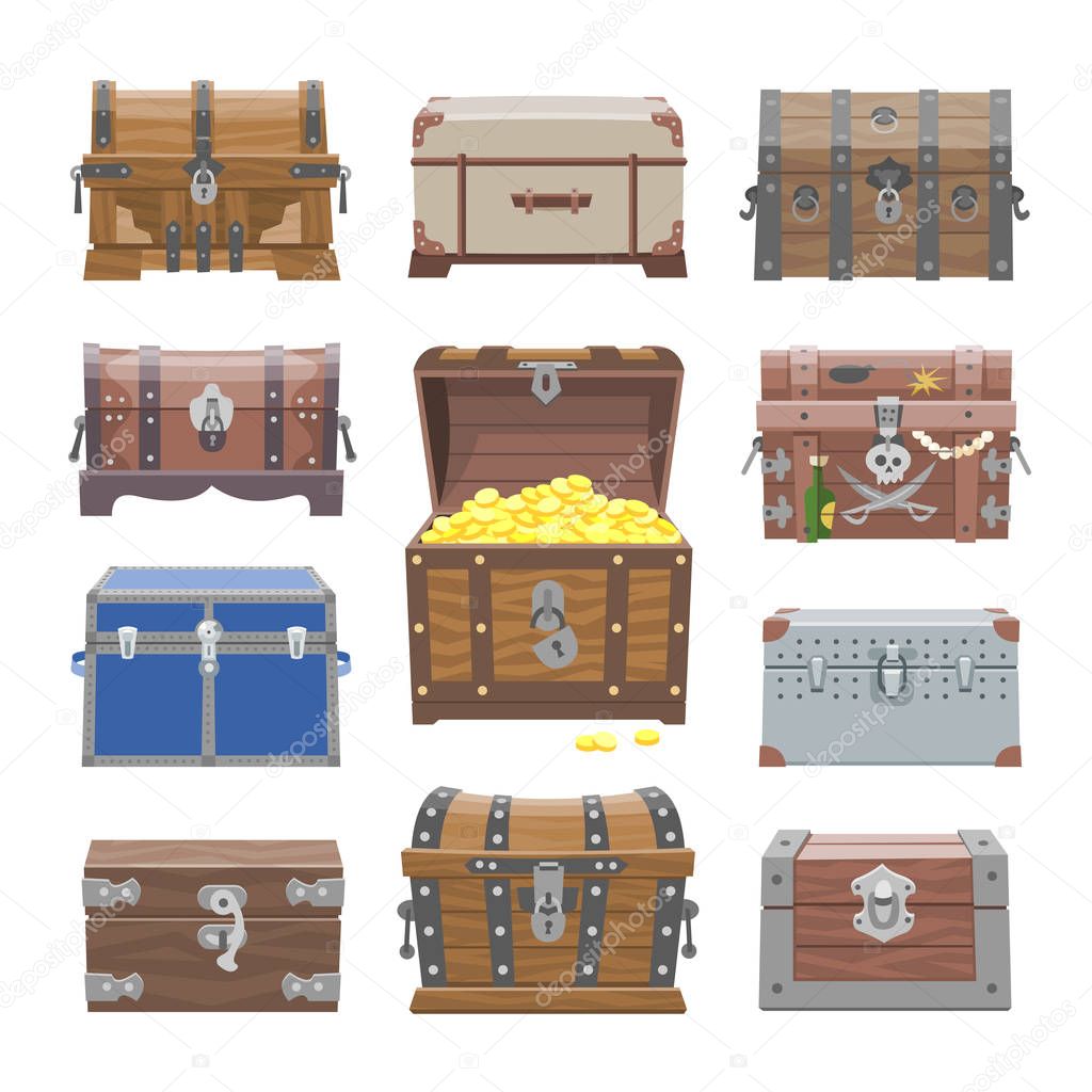 Chest vector treasure box with gold money wealth or wooden pirate chests with golden coins illustration set of closed wooden container isolated on white background