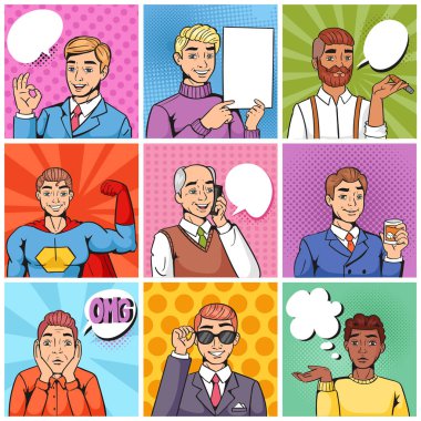 Komik adam vektör popart çizgi film işadamı karakteri kabarcık konuşma veya comicguy ifade illüstrasyon erkek topluluğunu beyaz arka plan üzerinde izole pop sanat moda stil erkeklerde konuşma