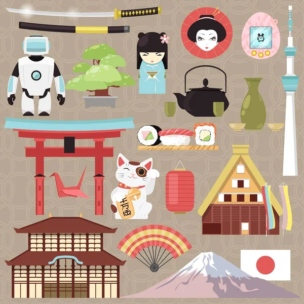 Japon vecteur japonais culture et architecture ou cuisine orientale sushi en tokyo illustration ensemble de symboles Japanisation personnage robot ou geisha poupée en kimono isolé sur fond — Image vectorielle