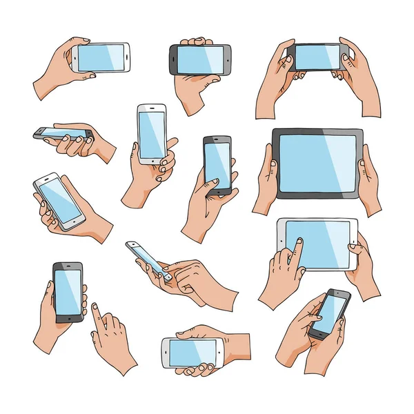 Hands with gadgets vector hand holding phone or tablet and character working on smartphone illustration set of digital device cellphone with touchscreen isolated on white background — Stock Vector