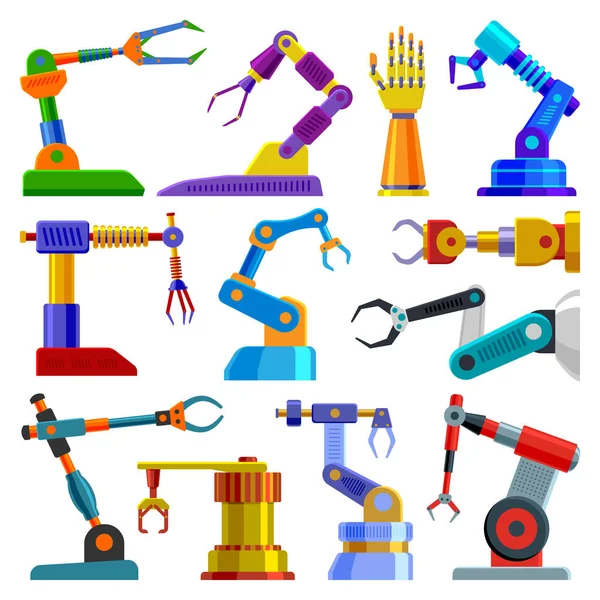 Roboterarmvektor Robotermaschine Hand Technologie Ausrüstung Illustration Satz von Roboter-Ingenieur Charakter in der Industrie isoliert auf weißem Hintergrund — Stockvektor
