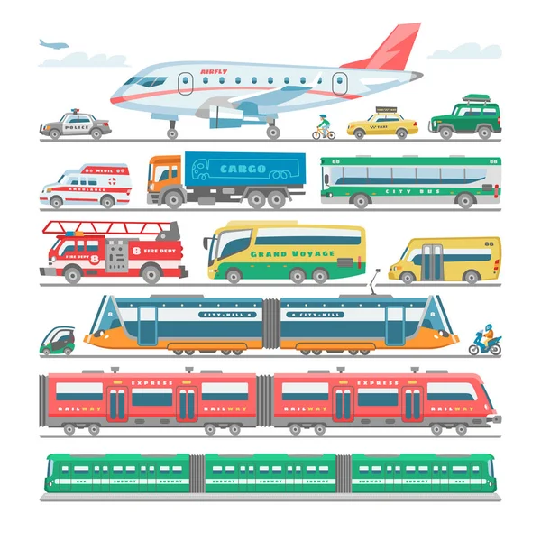 Transportera vektor offentliga transportabla buss eller fordon och flyg eller tåg illustration cykel för transport i staden uppsättning ambulans brandbil och polis bil isolerad på vit bakgrund — Stock vektor