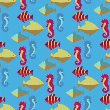 Deniz unsurları ile Dikişsiz desen kağıt okyanus deniz mavi doku duvar kağıdı deniz vektör çizim dalga.