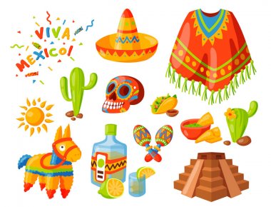 Mexico icons vector illustration traditional graphic travel tequila alcohol fiesta drink ethnicity aztec maraca sombrero. clipart