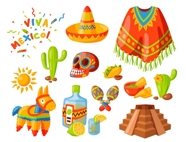 México ícones vetor ilustração gráfico tradicional viagem tequila álcool fiesta bebida etnia azteca maraca sombrero . —  Vetores de Stock