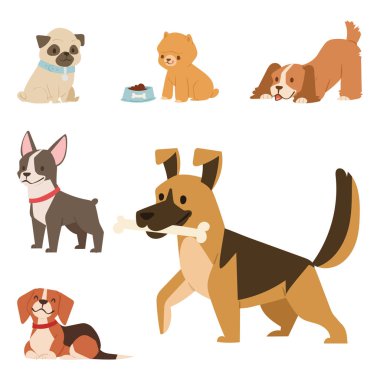 Yavru köpekler karakterler komik komik mutlu memeli safkan köpek doğurmak vektör çizim oynarken şirin.