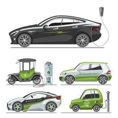 Elektrikli Araba güneş panelleri Eko ulaşım vektör çizim otomobil soket elektrik akü şarj cihazı ile.