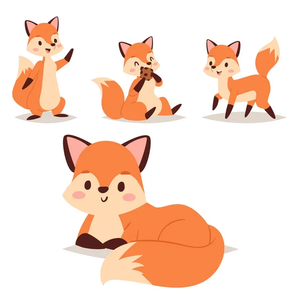Fox personaje haciendo diferentes actividades foxy divertida naturaleza feliz cola roja y vida silvestre bosque naranja animal estilo gráfico vector ilustración . — Vector de stock