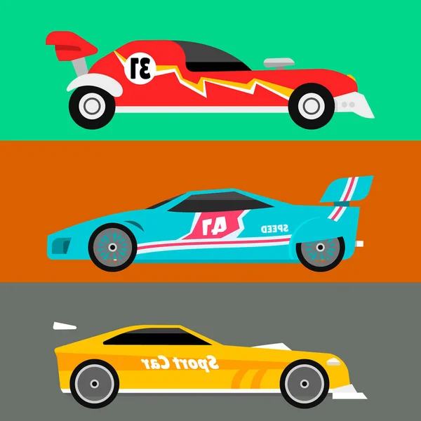 Velocidad del deporte automóvil y coche de rally offroad colorido motor rápido de carreras de automovilismo transporte automovilístico vector ilustración . — Vector de stock