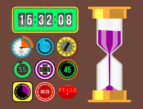 Orologio orologi vettoriale timer colorato strumenti di misura numero informazioni digitali cronometro illustrazione — Vettoriale Stock