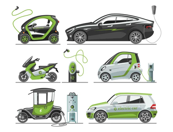 Electric car with solar panels eco transport vector illustration automobile socket electrical car battery charger. — Stock Vector