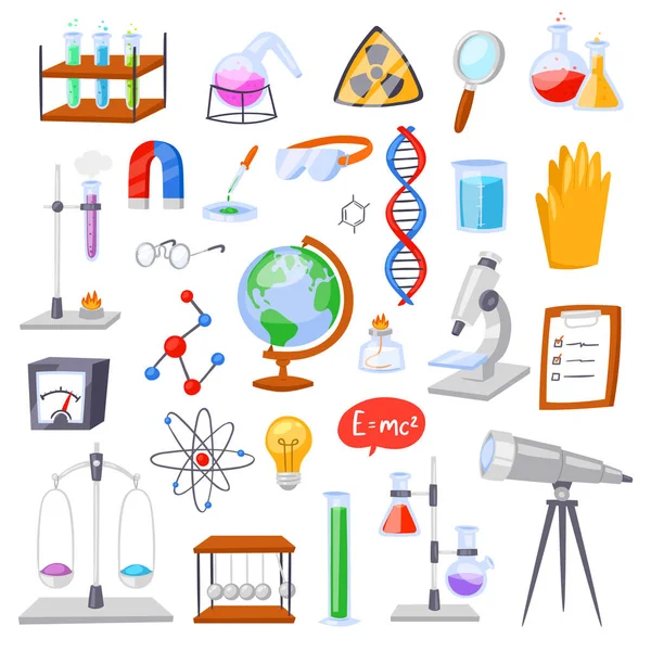 Kimya kimyasal bilim veya eczane araştırma laboratuvarında teknolojisi için vektör veya laboratuvar illüstrasyon küme üzerinde arka izole laboratuvar bilimsel ekipman deneme